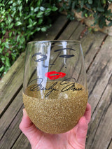 character" custom decorated stemless wine glass"