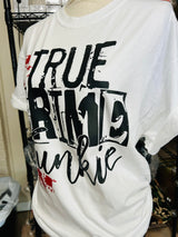 "True Crime Junkie” Blood Spatter Screen Print Graphic Tee