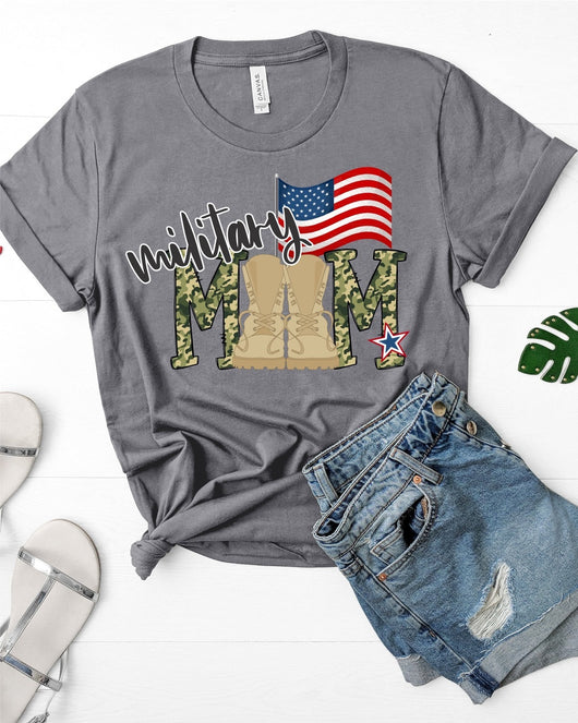 “Military Mom” Boots and Flag Screen Print Graphic Tee