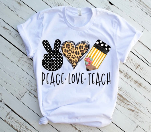 “Peace Love Teach With Pencil” Screen Print Graphic Tee